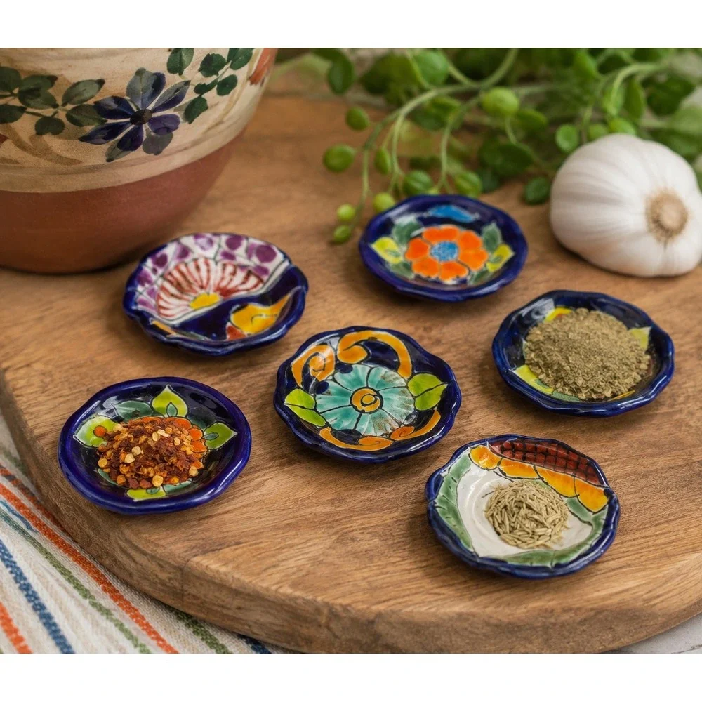 Talavera Pinch Bowls Set of 5 Blue Orange Green Floral Mexican Pottery Good